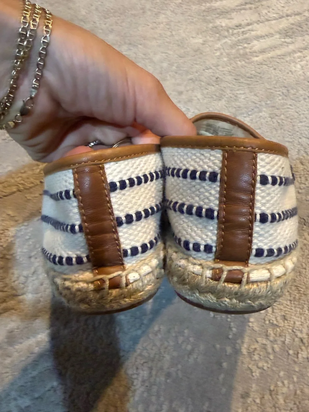 Tory Burch Shaw Fringe Espadrilles Navy Cream Stripe Slip On 10.5